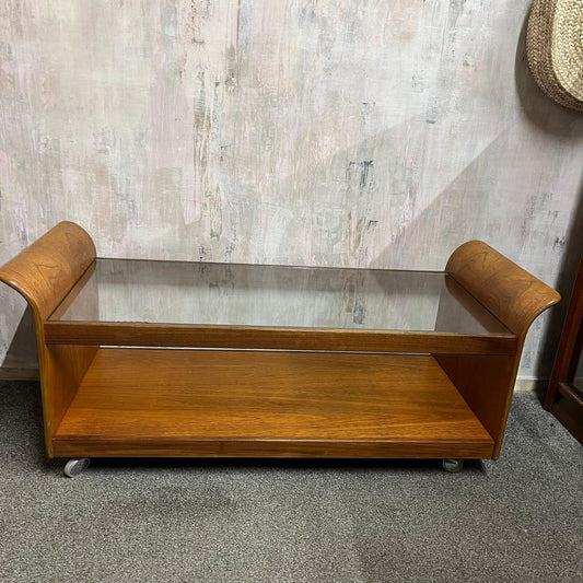 G Plan Tulip Coffee Table Mid Century Retro Teak Base Glazed Shelf Castors