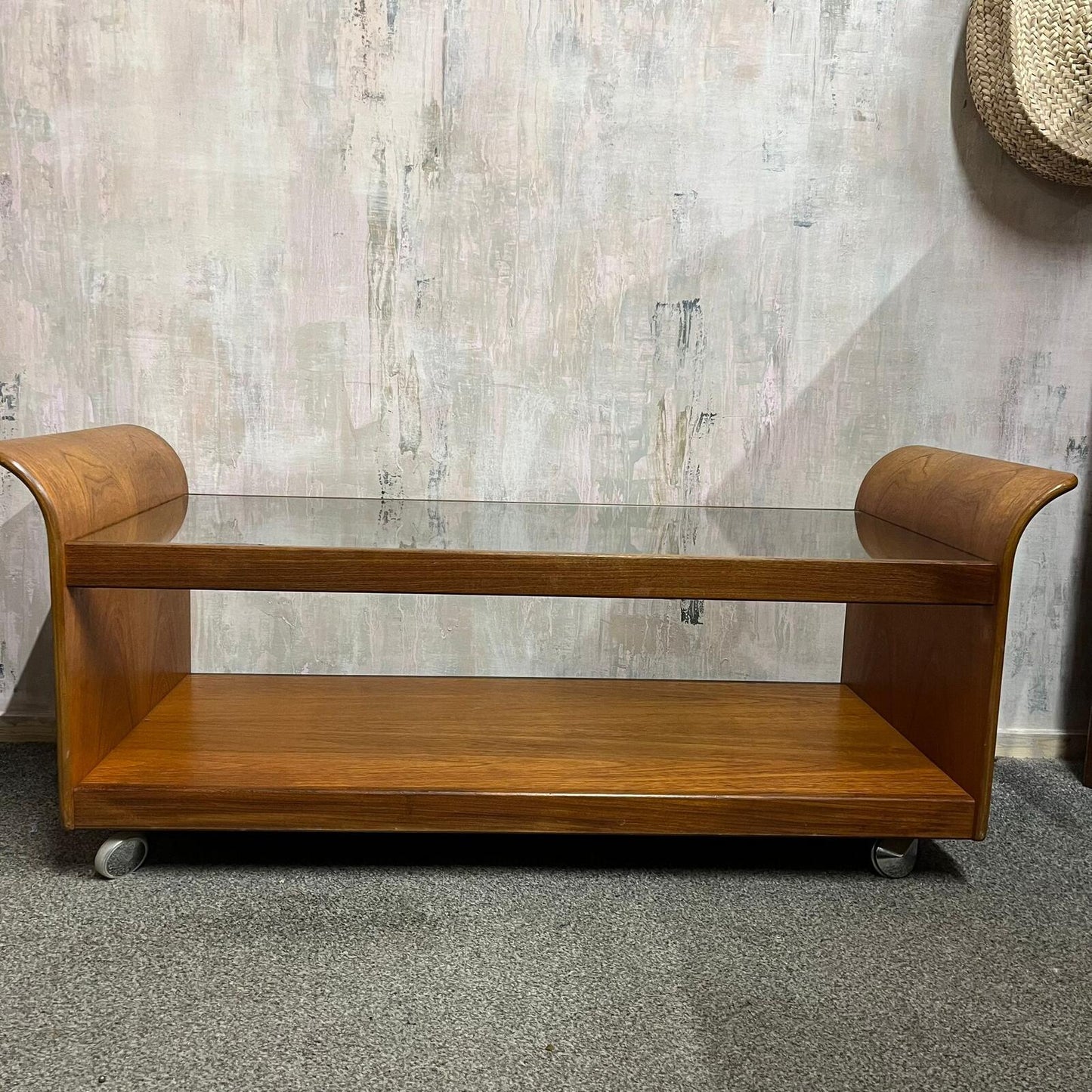 G Plan Tulip Coffee Table Mid Century Retro Teak Base Glazed Shelf Castors