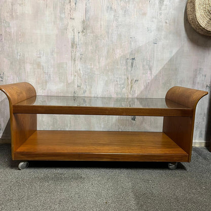 G Plan Tulip Coffee Table Mid Century Retro Teak Base Glazed Shelf Castors
