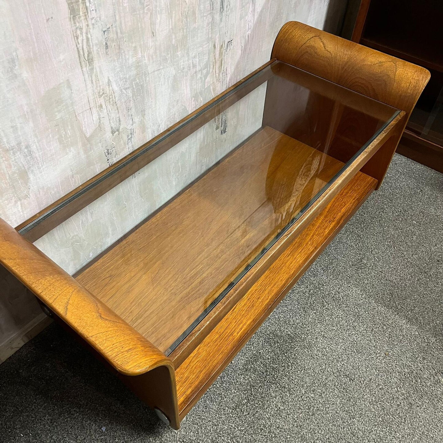 G Plan Tulip Coffee Table Mid Century Retro Teak Base Glazed Shelf Castors