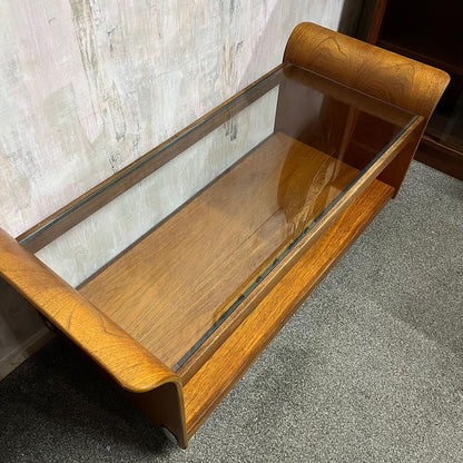 G Plan Tulip Coffee Table Mid Century Retro Teak Base Glazed Shelf Castors