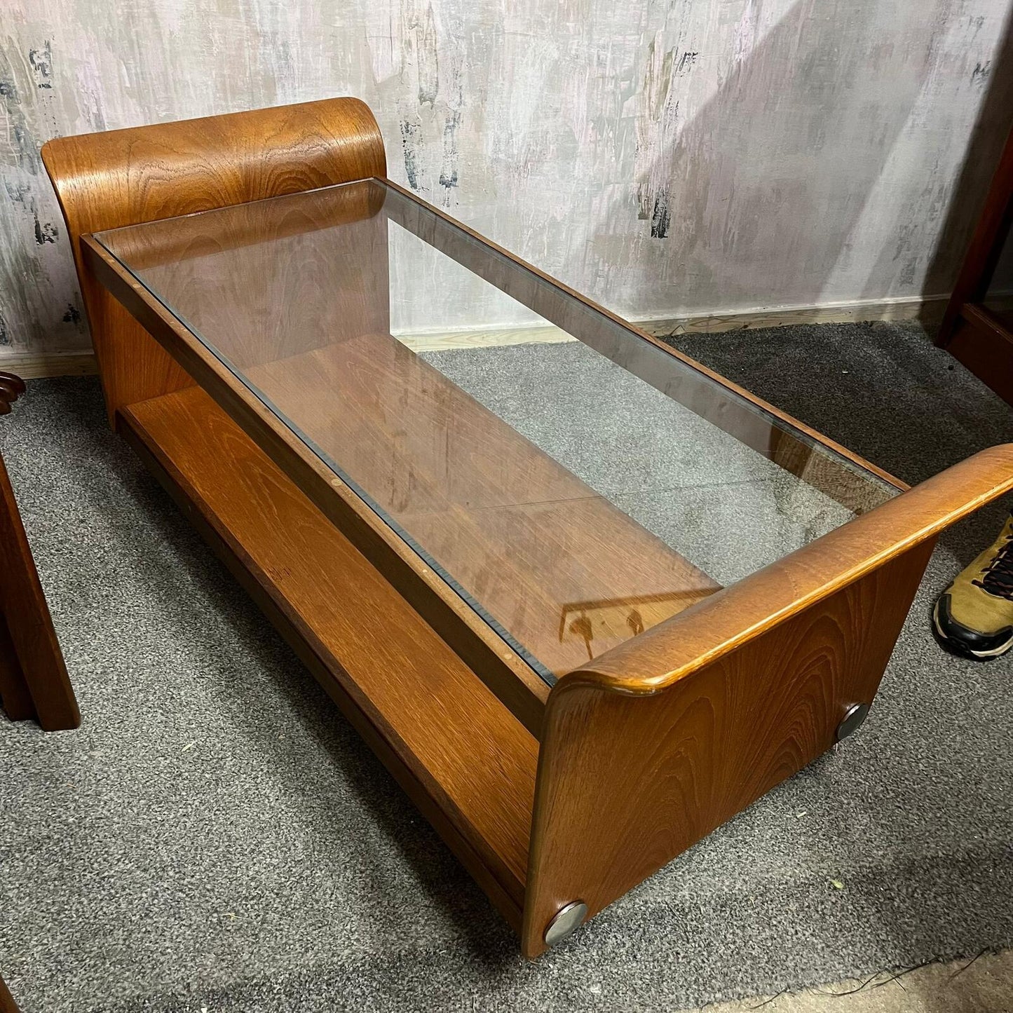 G Plan Tulip Coffee Table Mid Century Retro Teak Base Glazed Shelf Castors
