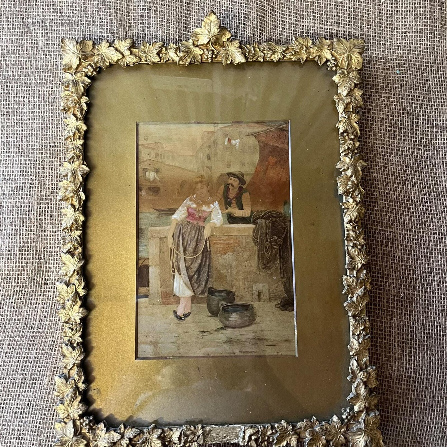 Antique Victorian Gilt Gesso Vine & Grape Frame Romantic Print c.1880-1900