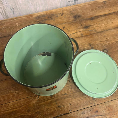 Green Enamel Tin "Prince Of Wares" With Lid & Handles Bread Bin Flour Storage