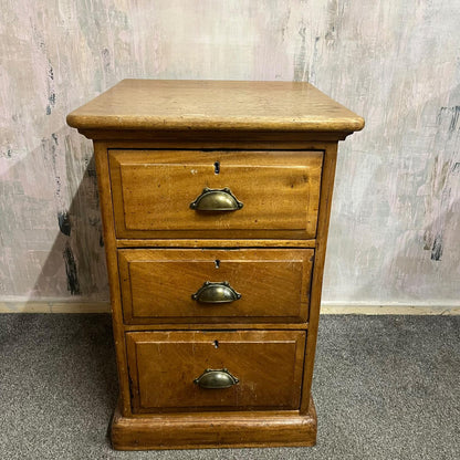 Antique Heavy Pine 3 Drawer Cabinet Brass Cup Handles Bedside Office Drawers