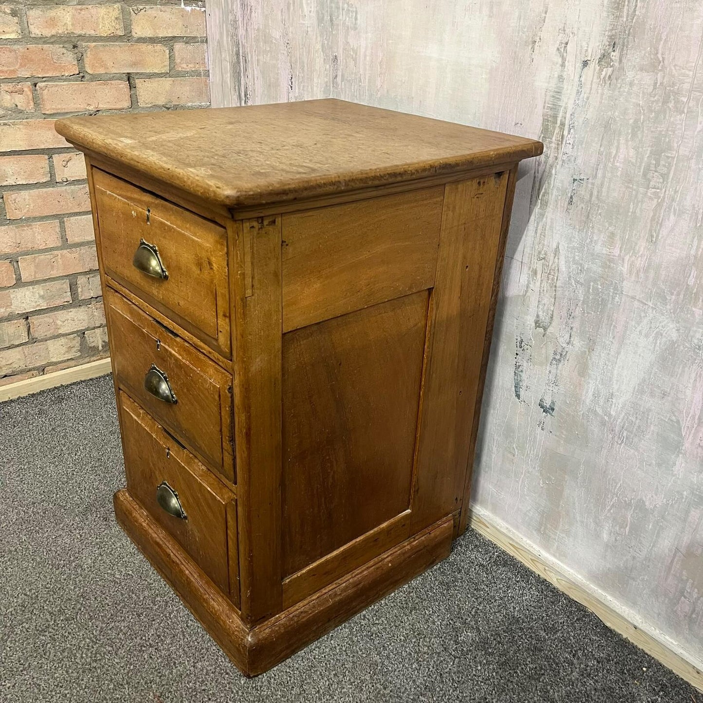 Antique Heavy Pine 3 Drawer Cabinet Brass Cup Handles Bedside Office Drawers
