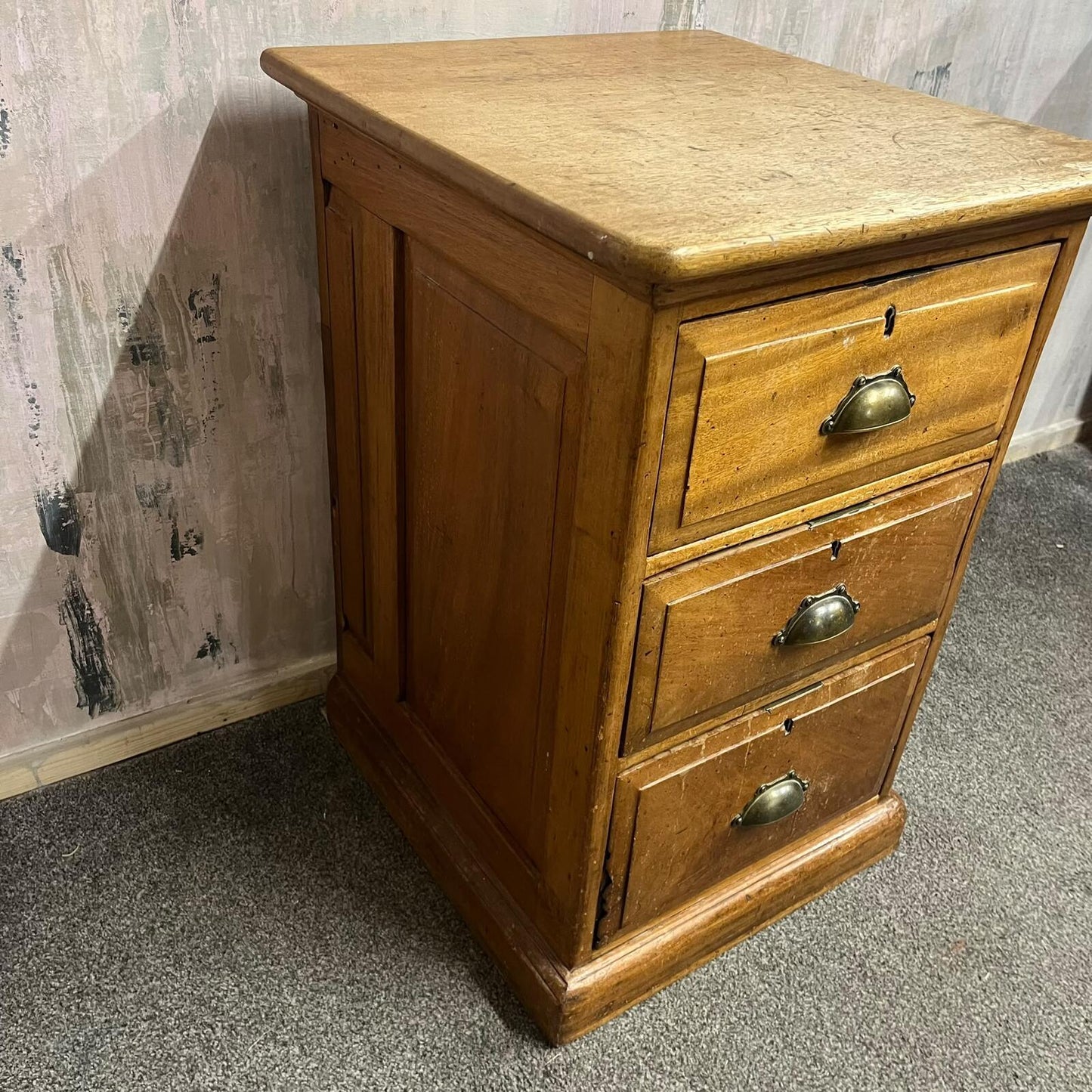 Antique Heavy Pine 3 Drawer Cabinet Brass Cup Handles Bedside Office Drawers