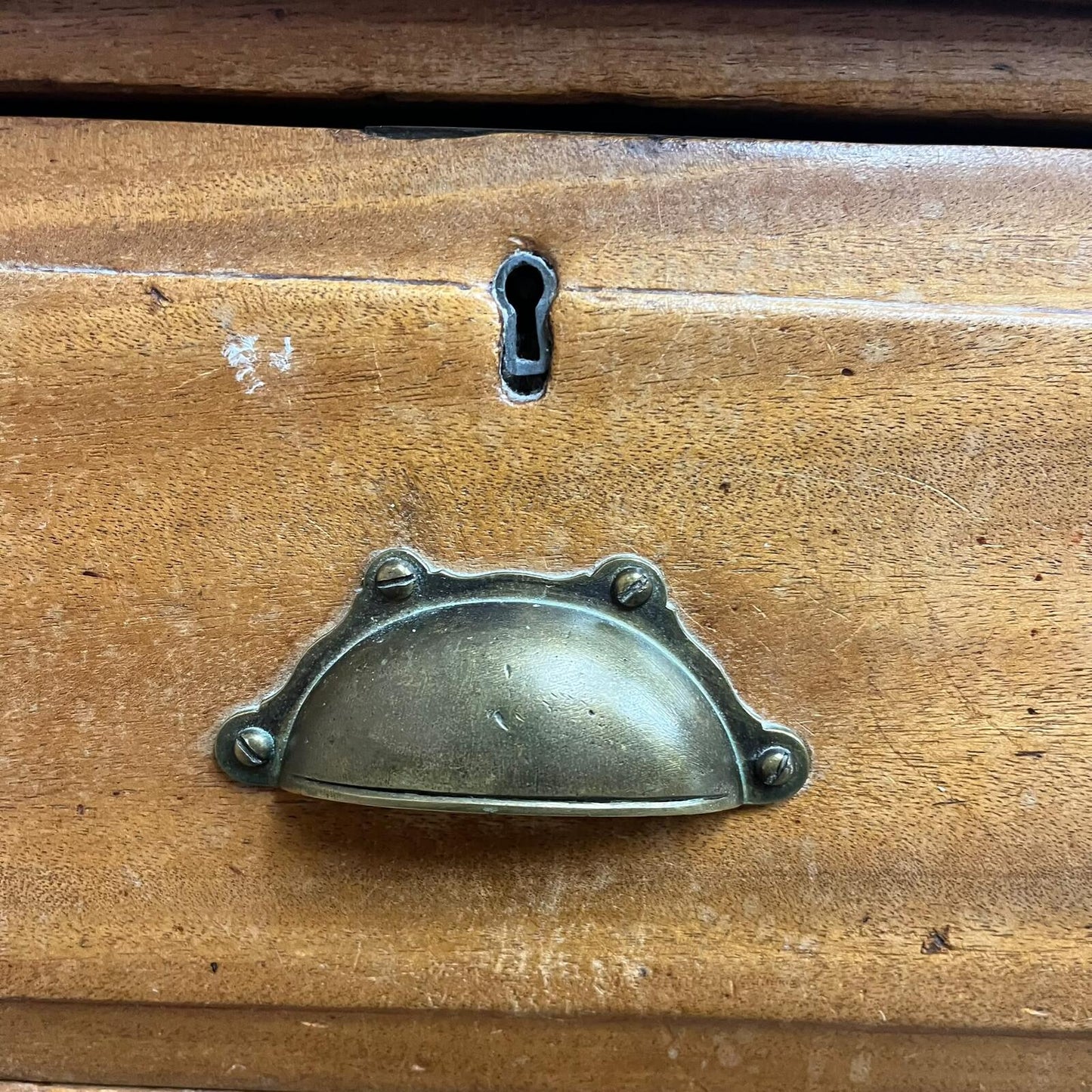 Antique Heavy Pine 3 Drawer Cabinet Brass Cup Handles Bedside Office Drawers