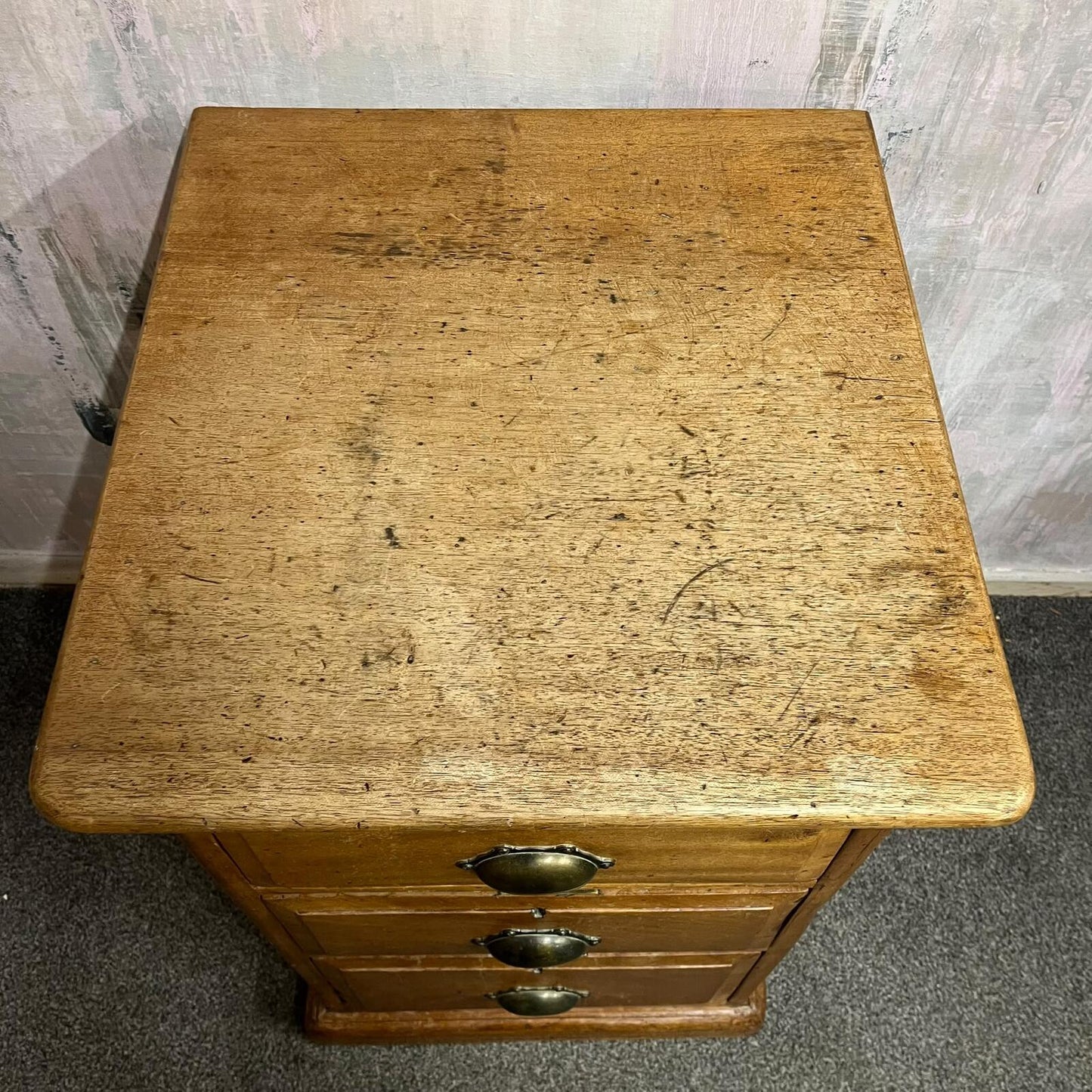 Antique Heavy Pine 3 Drawer Cabinet Brass Cup Handles Bedside Office Drawers