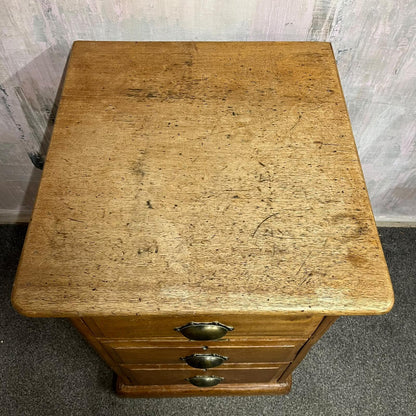 Antique Heavy Pine 3 Drawer Cabinet Brass Cup Handles Bedside Office Drawers