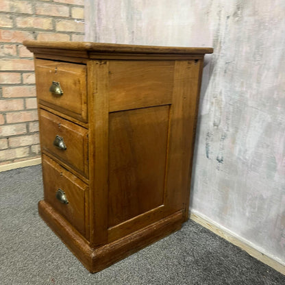 Antique Heavy Pine 3 Drawer Cabinet Brass Cup Handles Bedside Office Drawers