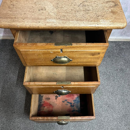 Antique Heavy Pine 3 Drawer Cabinet Brass Cup Handles Bedside Office Drawers