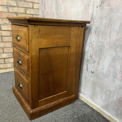 Antique Heavy Pine 3 Drawer Cabinet Brass Cup Handles Bedside Office Drawers