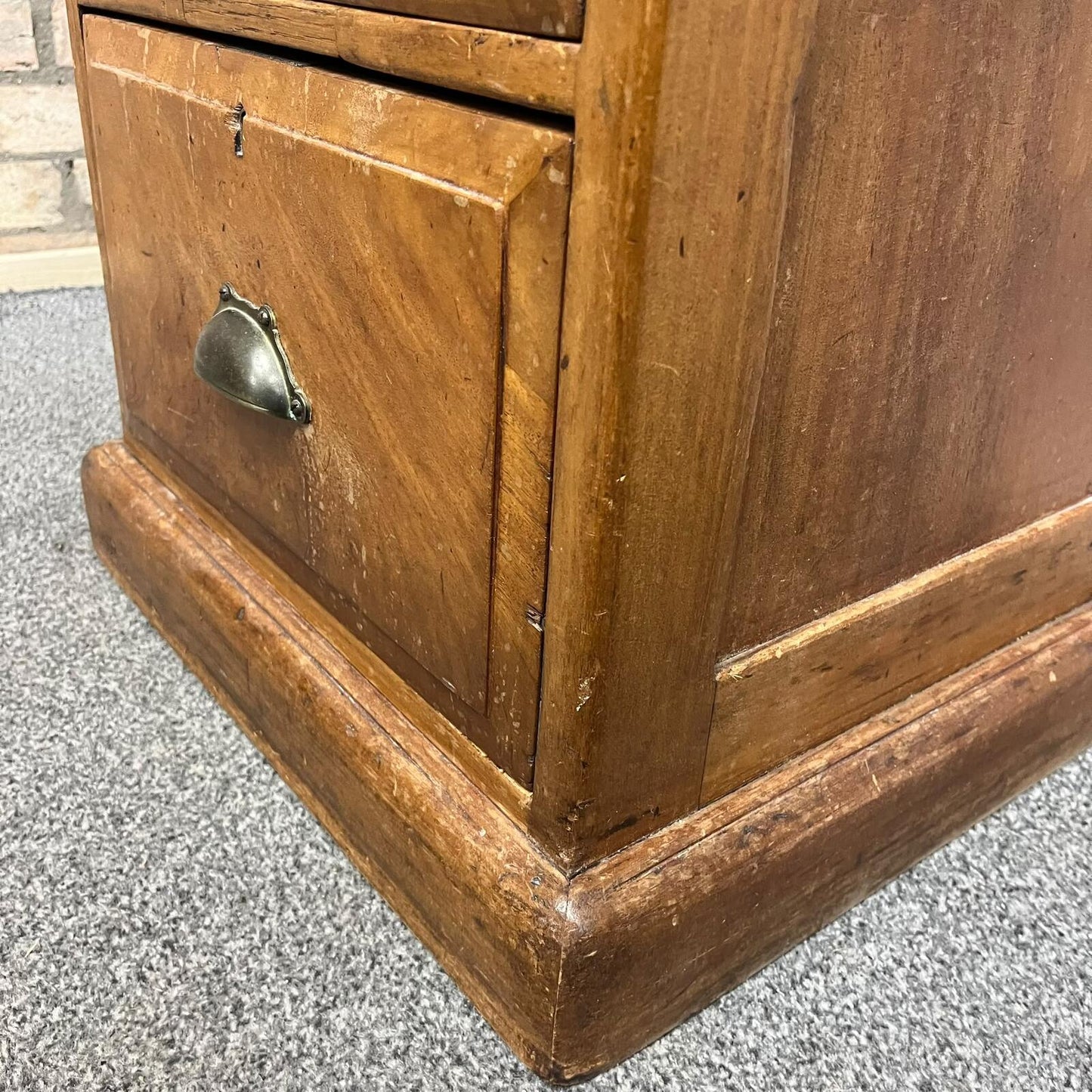 Antique Heavy Pine 3 Drawer Cabinet Brass Cup Handles Bedside Office Drawers