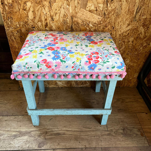 Vintage Homemade Wooden Stool Cath Kidston Oilcloth Pink Trim