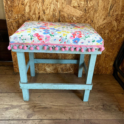 Vintage Homemade Wooden Stool Cath Kidston Oilcloth Pink Trim