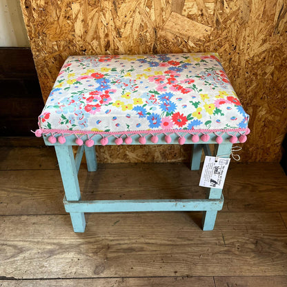 Vintage Homemade Wooden Stool Cath Kidston Oilcloth Pink Trim