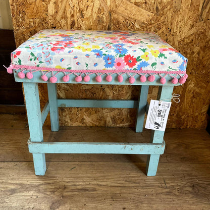 Vintage Homemade Wooden Stool Cath Kidston Oilcloth Pink Trim