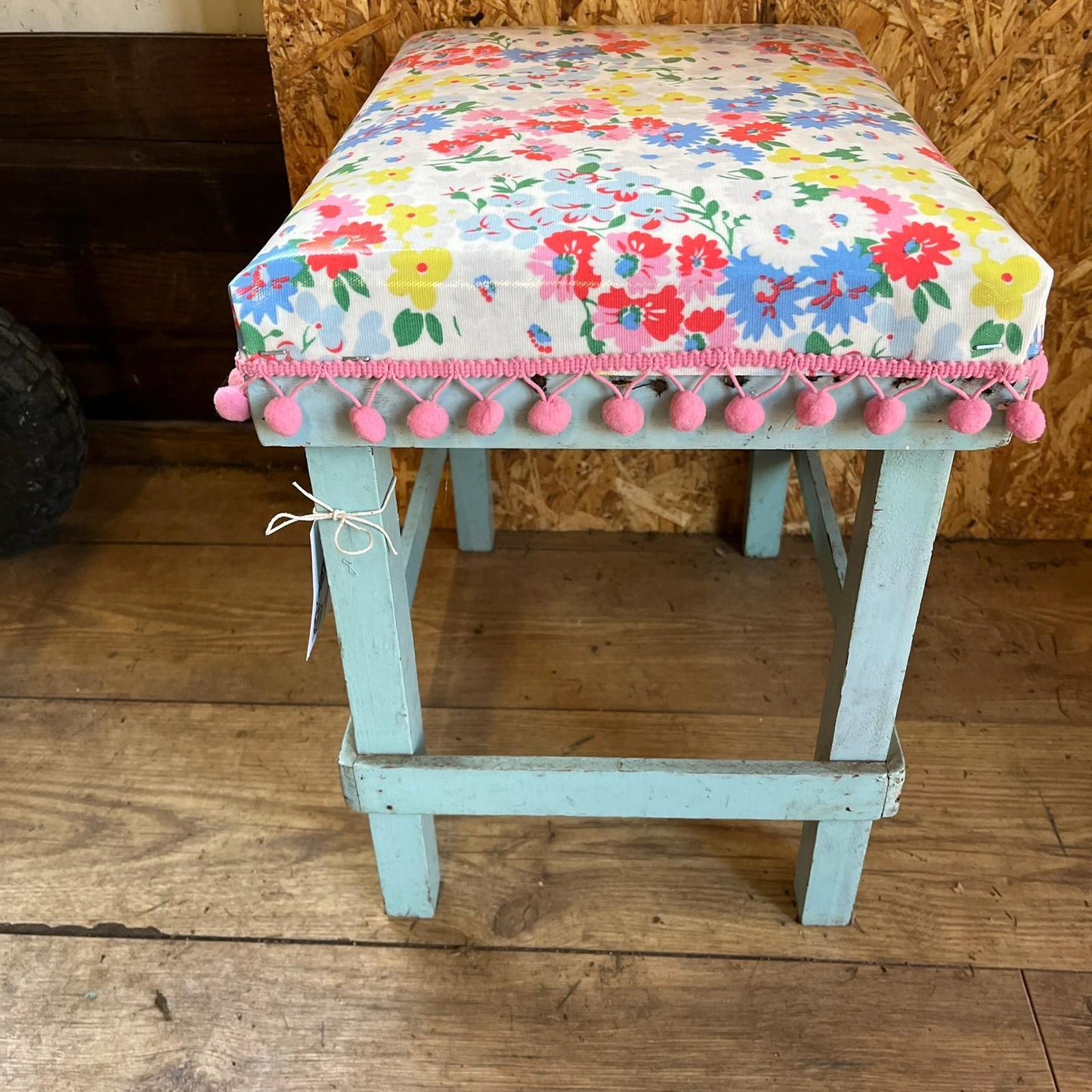 Vintage Homemade Wooden Stool Cath Kidston Oilcloth Pink Trim