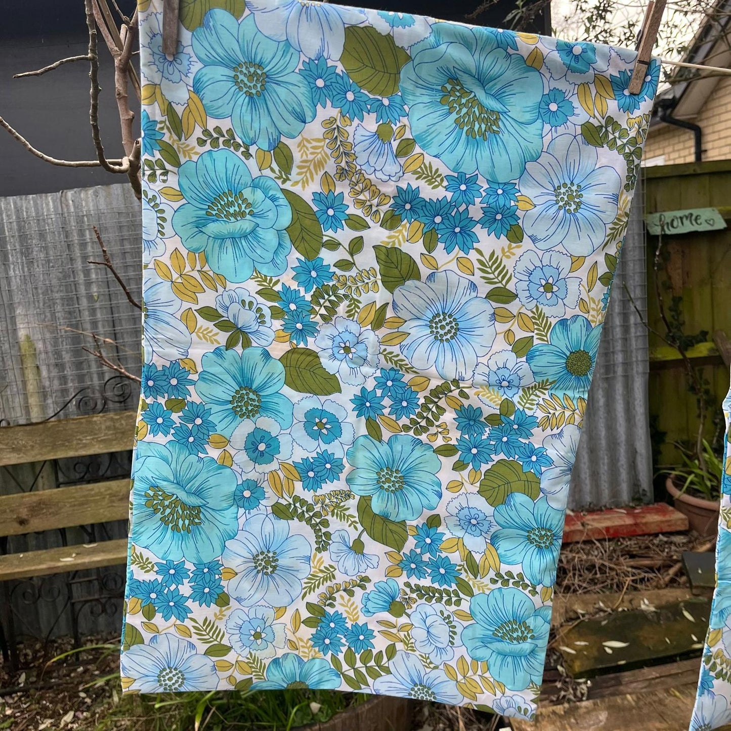 Pair Vintage Retro Horrockses Pillow Slips Pillowcase Floral Blue & Green