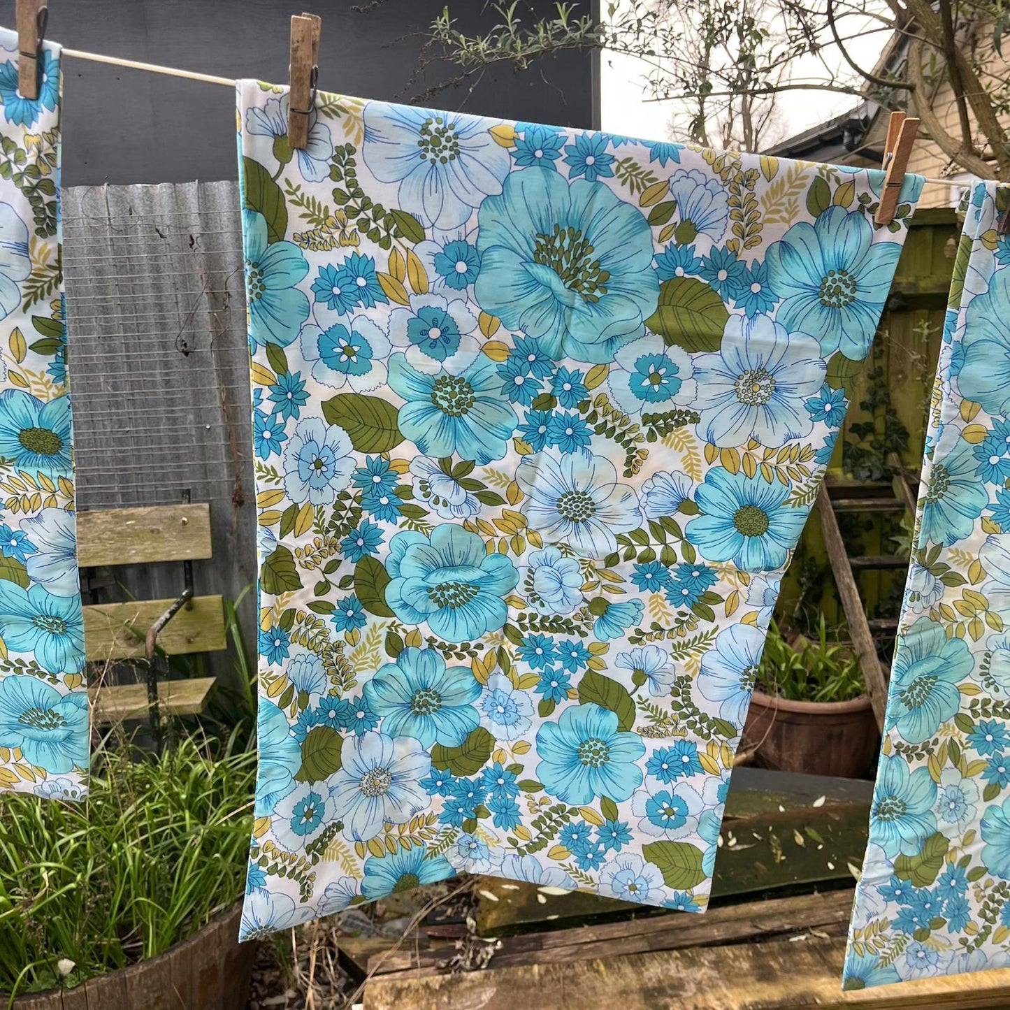 Pair Vintage Retro Horrockses Pillow Slips Pillowcase Floral Blue & Green