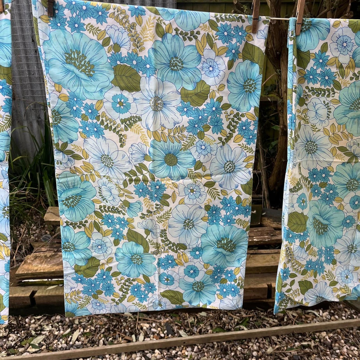 Pair Vintage Retro Horrockses Pillow Slips Pillowcase Floral Blue & Green