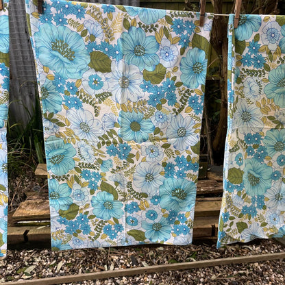 Pair Vintage Retro Horrockses Pillow Slips Pillowcase Floral Blue & Green
