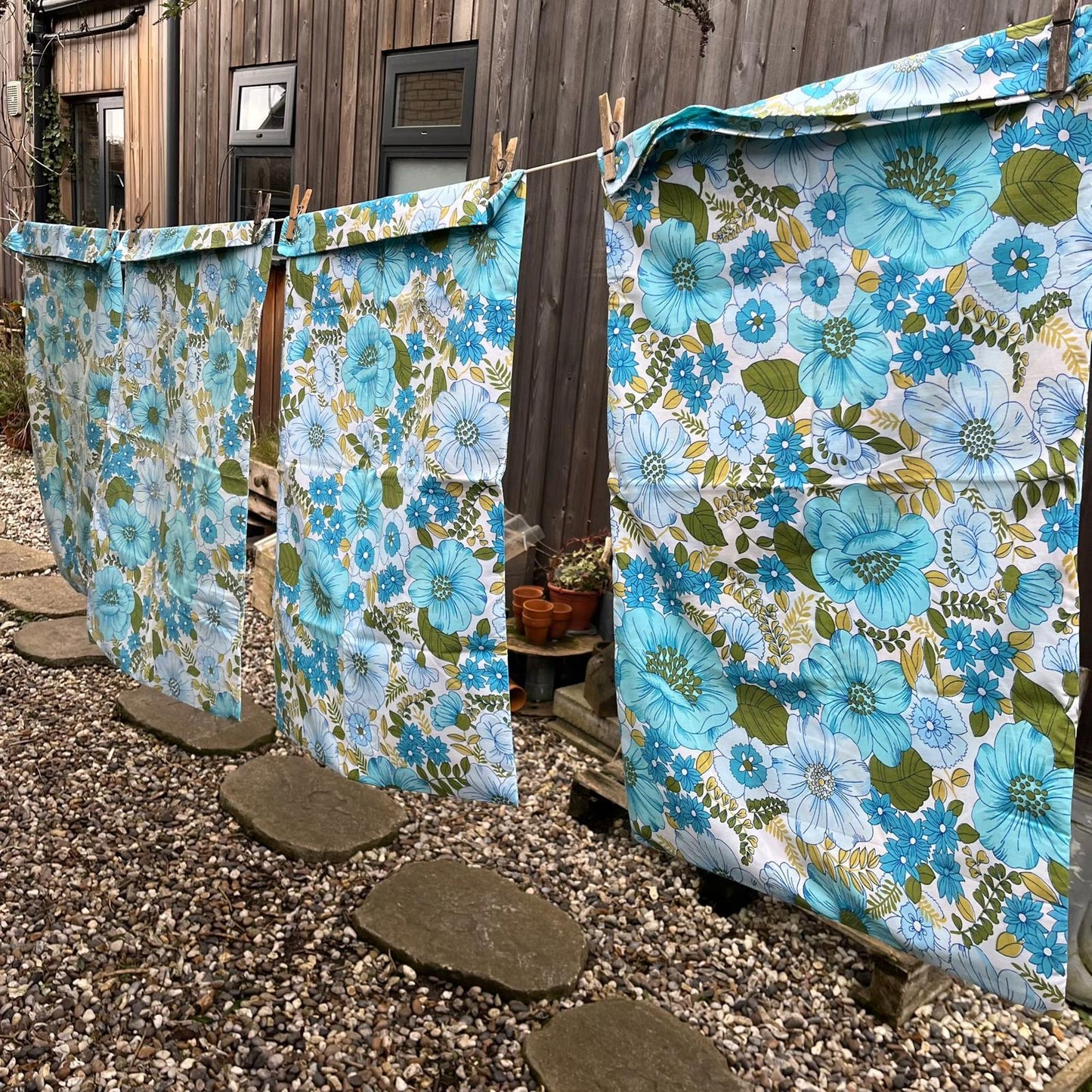 Pair Vintage Retro Horrockses Pillow Slips Pillowcase Floral Blue & Green