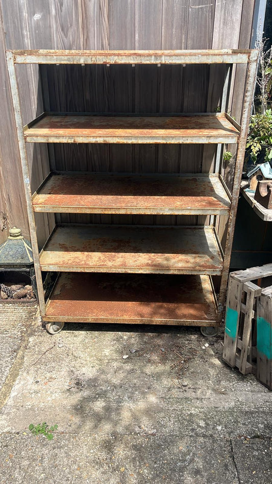 Industrial Salvage Metal Wheeled 5 Shelf Stacking Unit On Castors Great Patina