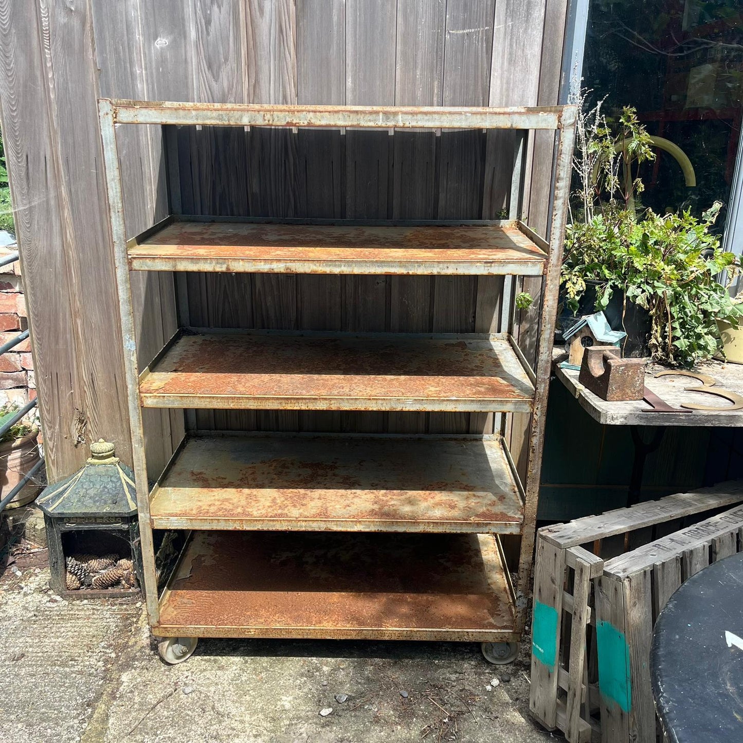 Industrial Salvage Metal Wheeled 5 Shelf Stacking Unit On Castors Great Patina