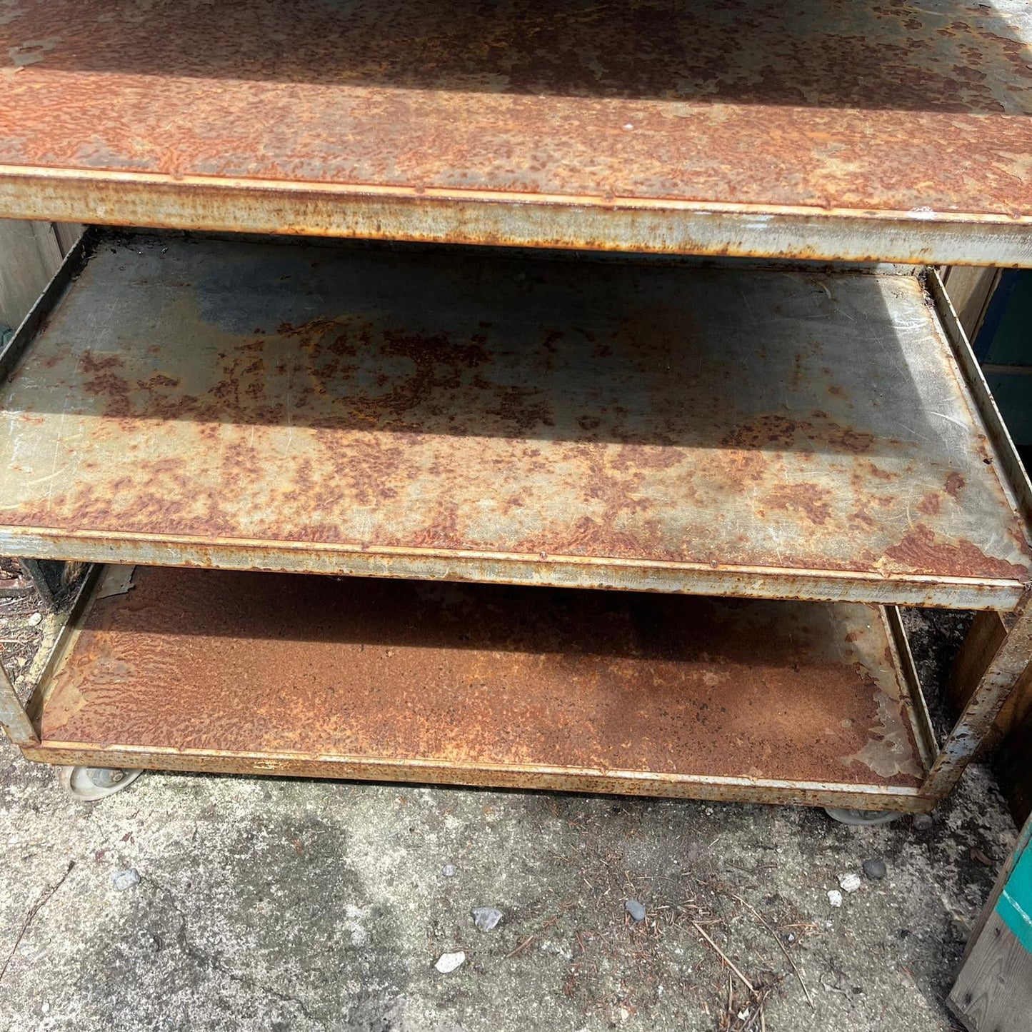 Industrial Salvage Metal Wheeled 5 Shelf Stacking Unit On Castors Great Patina