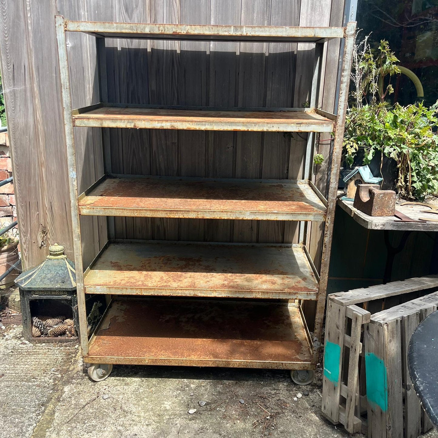 Industrial Salvage Metal Wheeled 5 Shelf Stacking Unit On Castors Great Patina