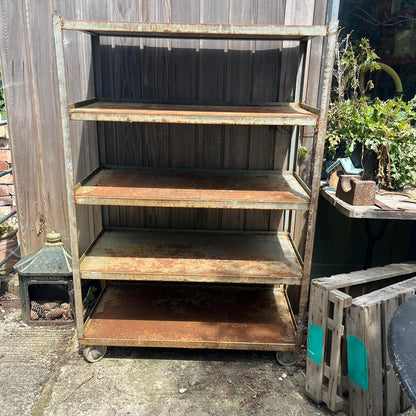 Industrial Salvage Metal Wheeled 5 Shelf Stacking Unit On Castors Great Patina