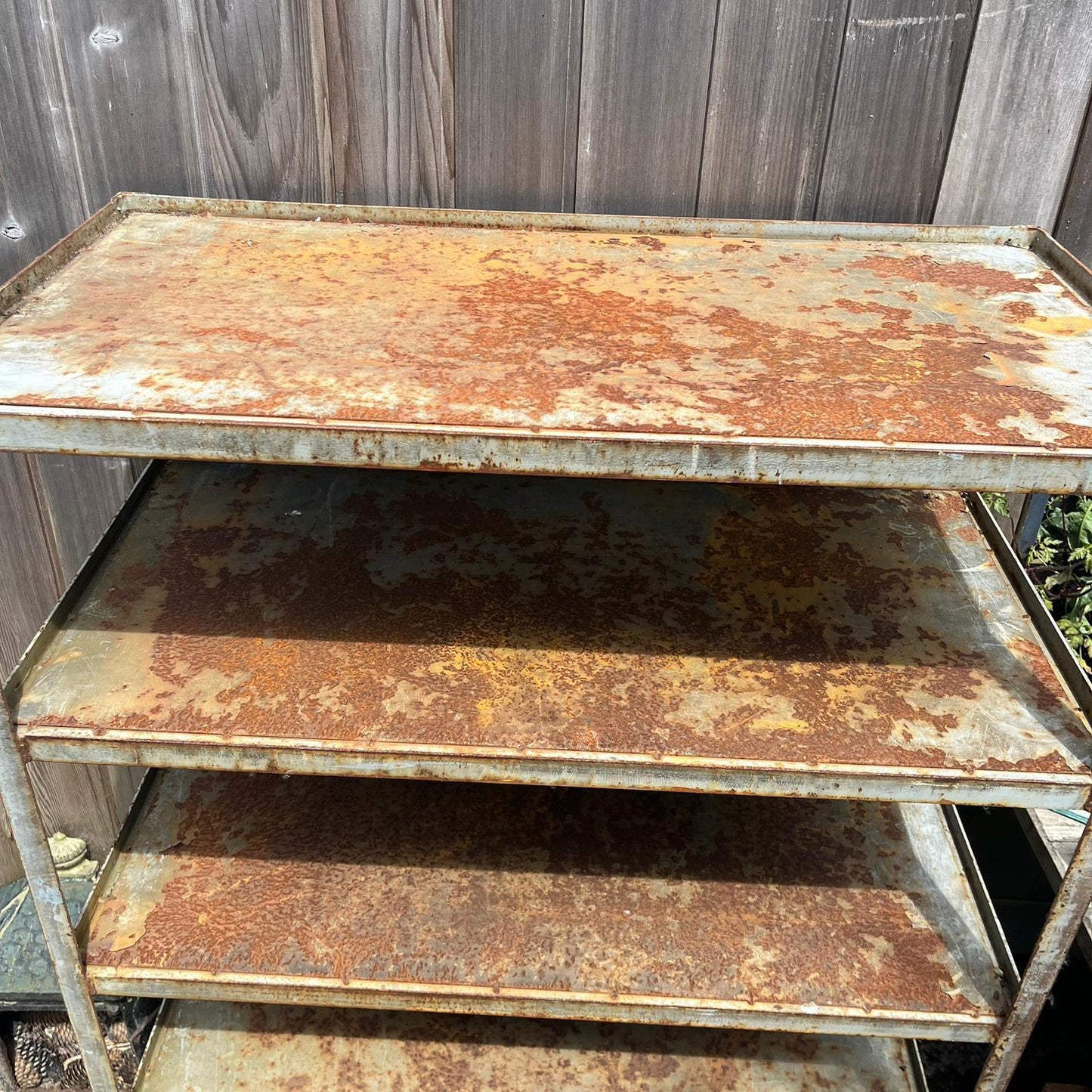 Industrial Salvage Metal Wheeled 5 Shelf Stacking Unit On Castors Great Patina