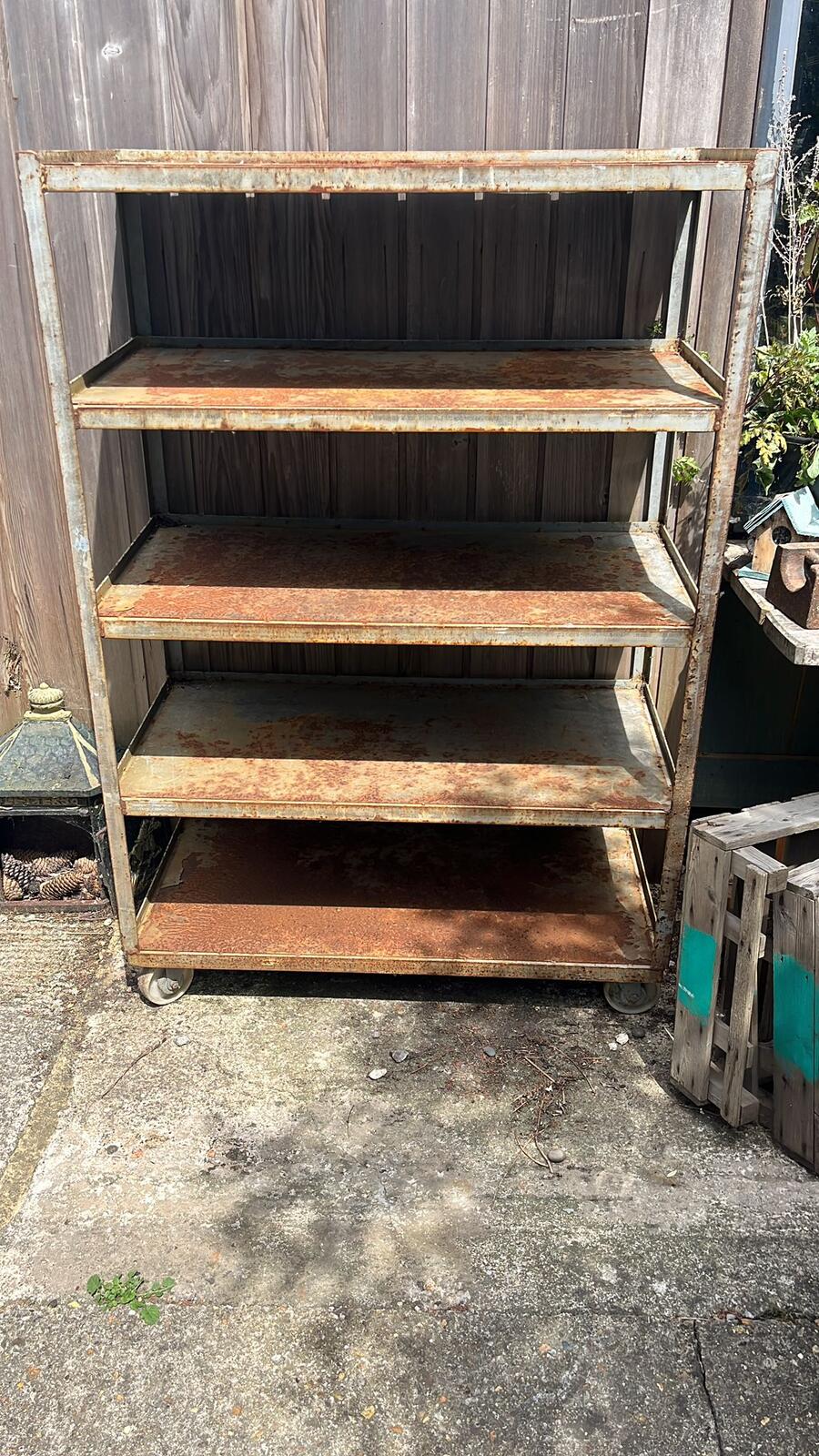 Industrial Salvage Metal Wheeled 5 Shelf Stacking Unit On Castors Great Patina