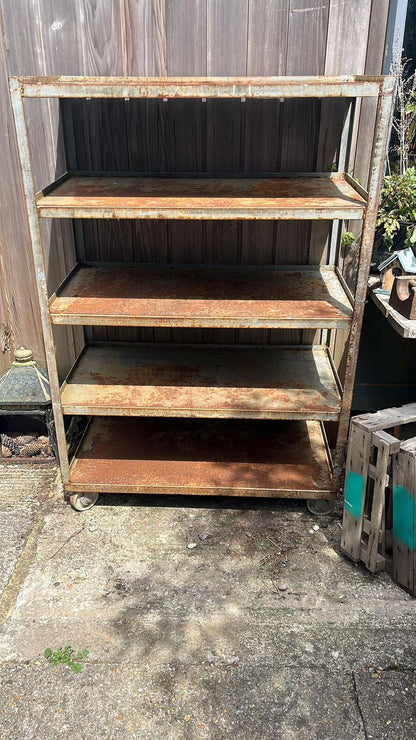 Industrial Salvage Metal Wheeled 5 Shelf Stacking Unit On Castors Great Patina
