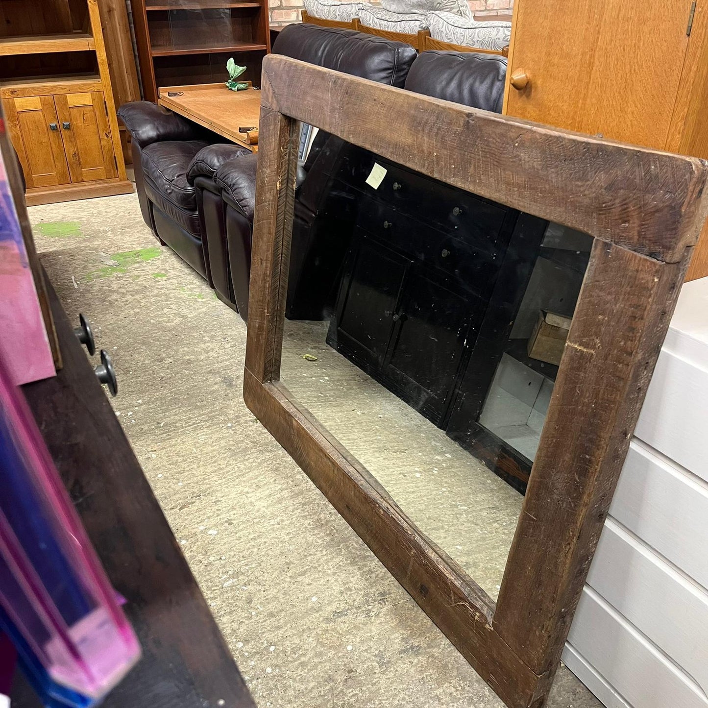 Large Rustic Dark Wooden Framed Rectangular Wall Hanging Mirror