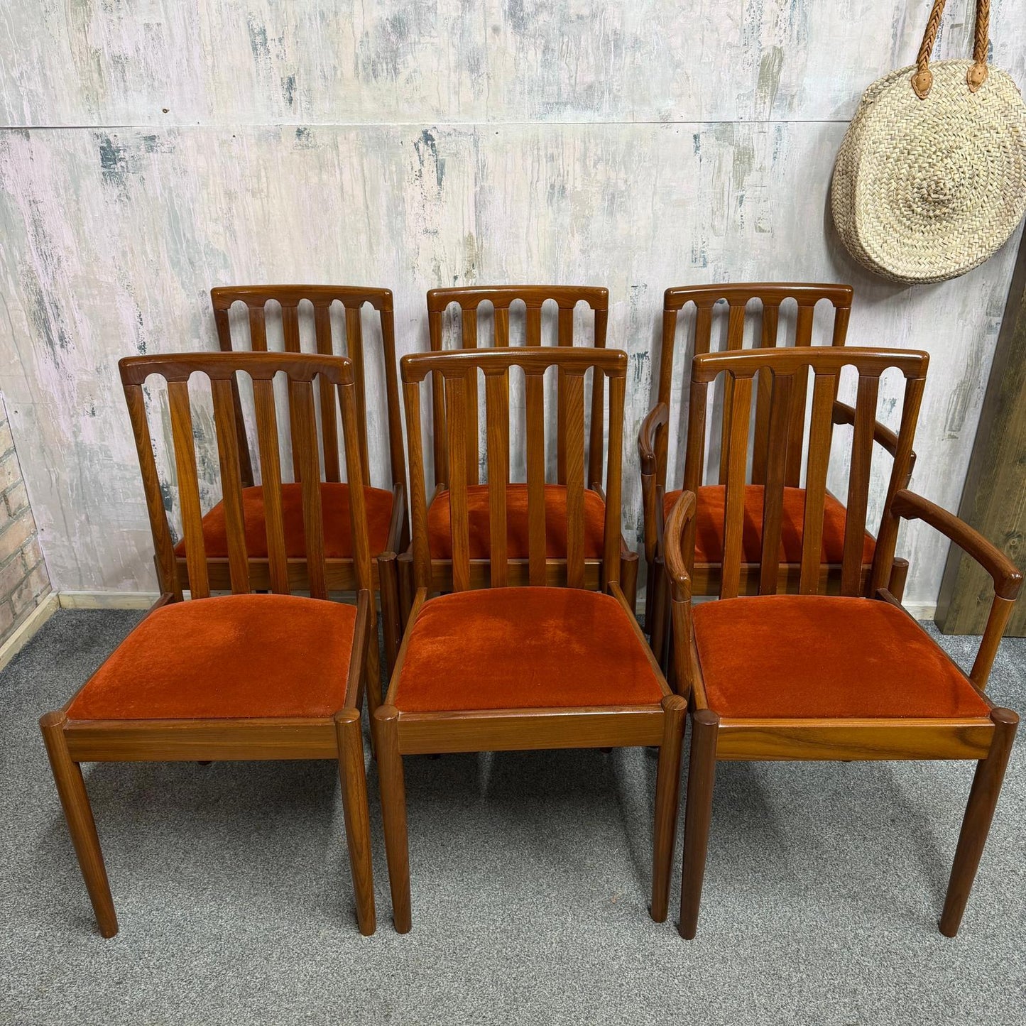6x Meredew Mid Century Teak Dining Chairs Upholstered Seats 2x Carvers 4x Chairs