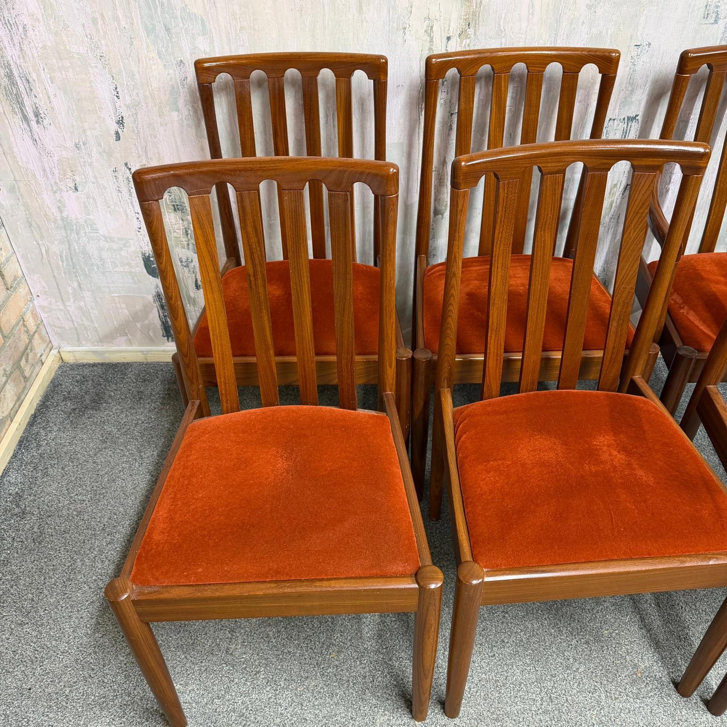 6x Meredew Mid Century Teak Dining Chairs Upholstered Seats 2x Carvers 4x Chairs