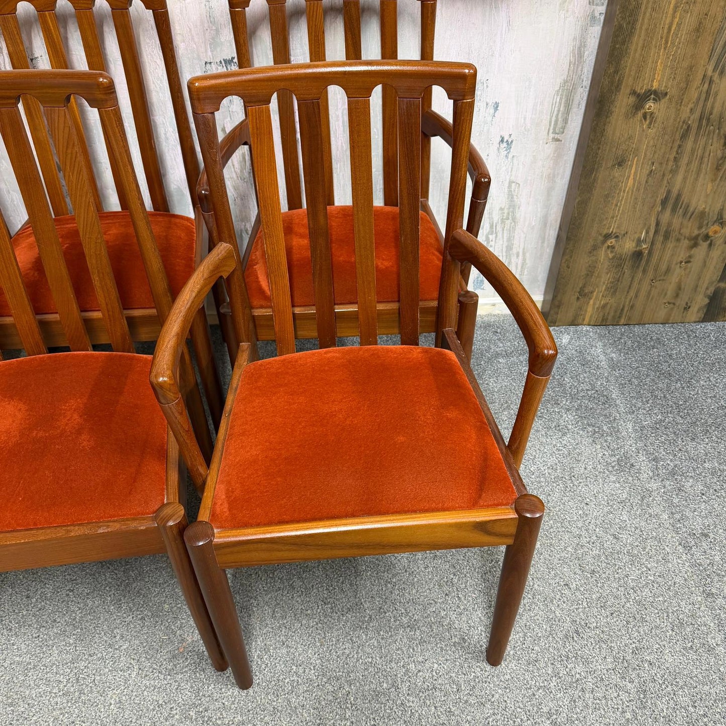 6x Meredew Mid Century Teak Dining Chairs Upholstered Seats 2x Carvers 4x Chairs