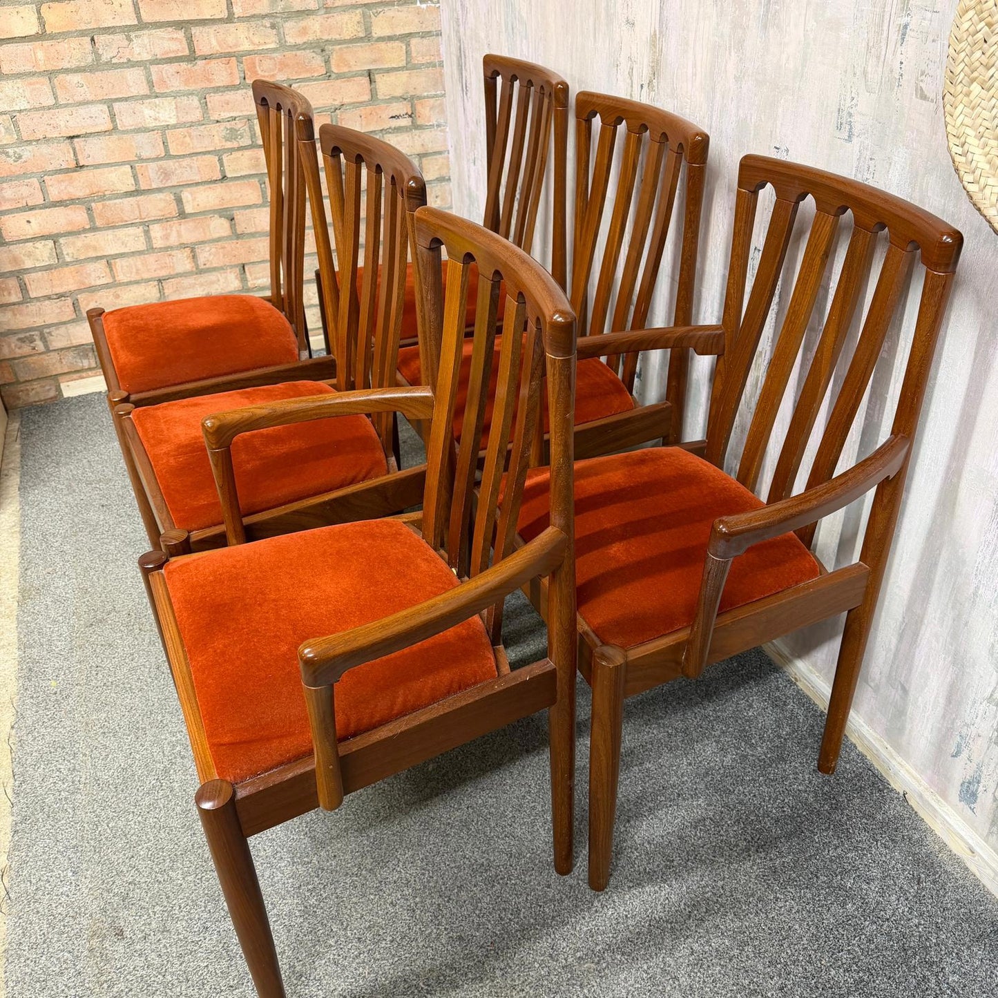 6x Meredew Mid Century Teak Dining Chairs Upholstered Seats 2x Carvers 4x Chairs