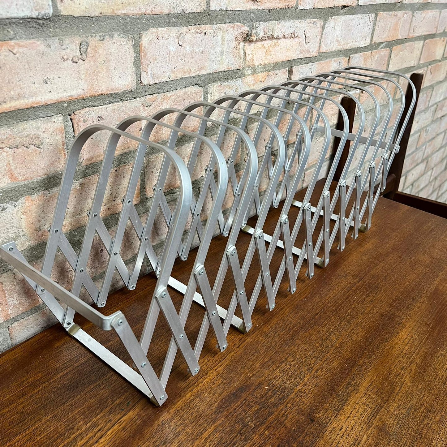 Rare Mid Century Aluminium Concertina Extendable Magazine Rack Book Holder 1960s