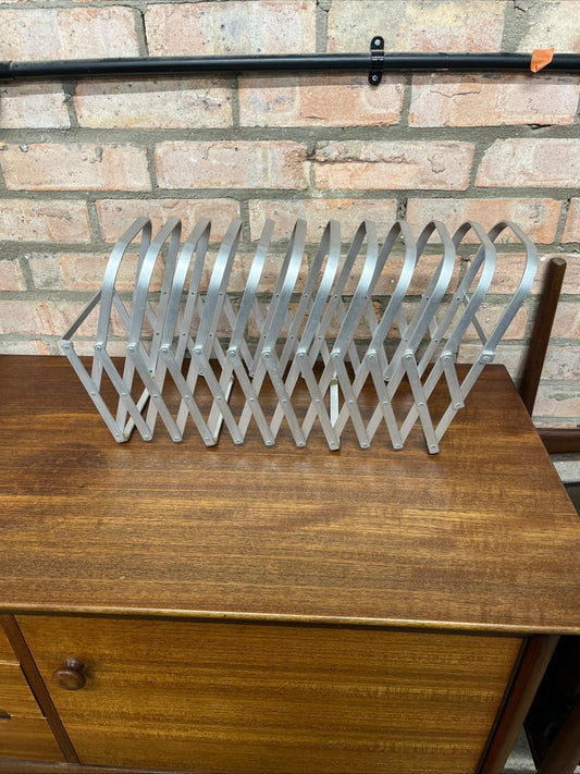 Rare Mid Century Aluminium Concertina Extendable Magazine Rack Book Holder 1960s