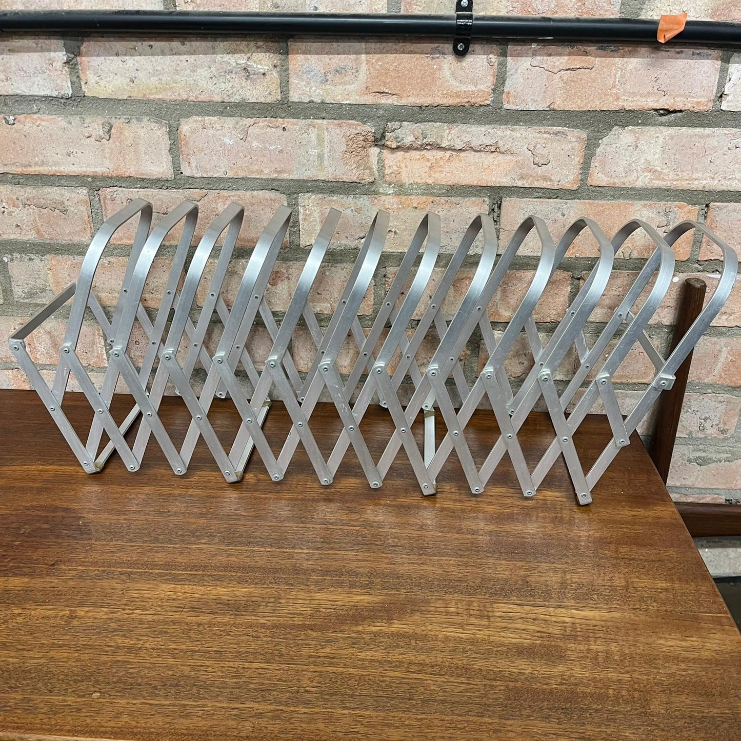 Rare Mid Century Aluminium Concertina Extendable Magazine Rack Book Holder 1960s