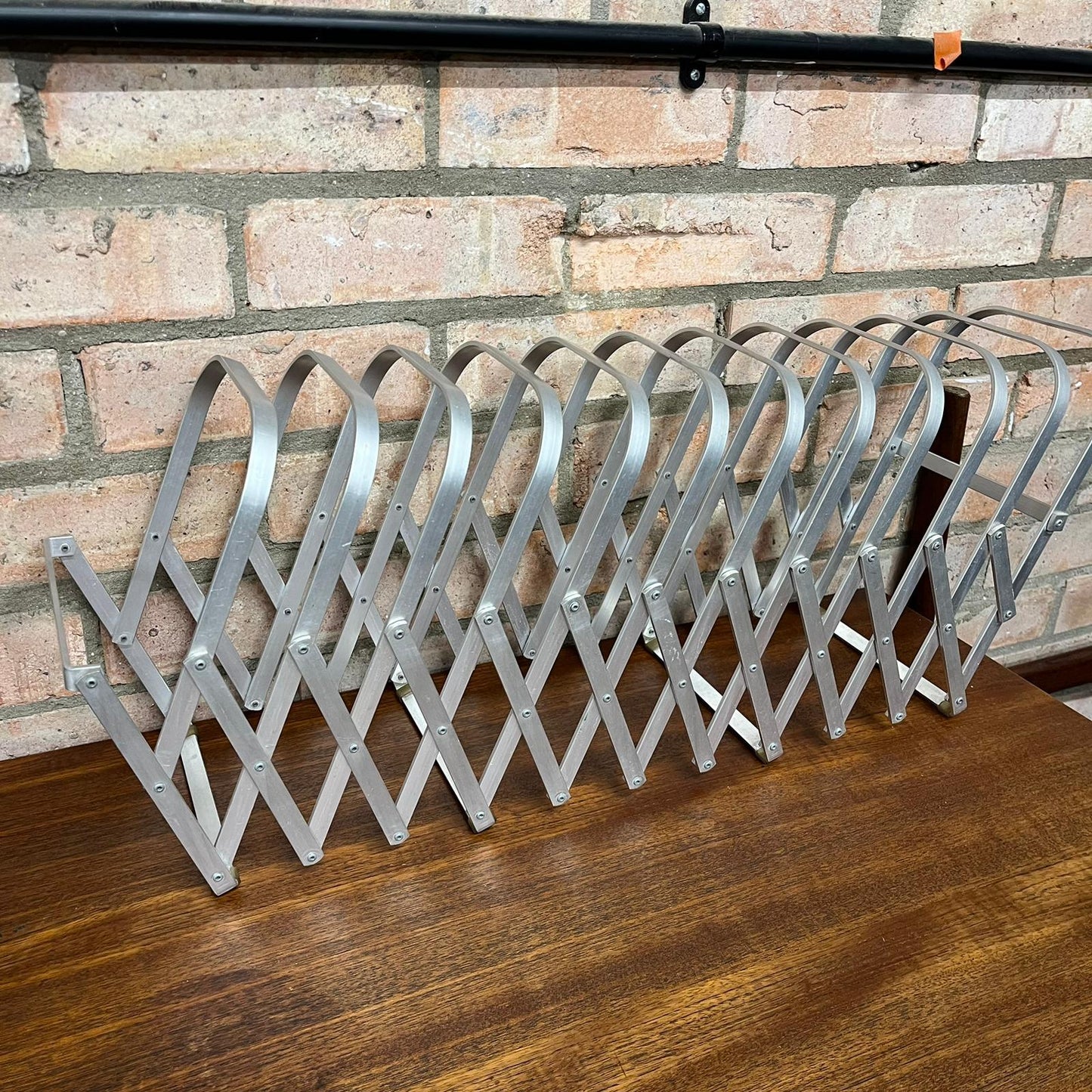 Rare Mid Century Aluminium Concertina Extendable Magazine Rack Book Holder 1960s
