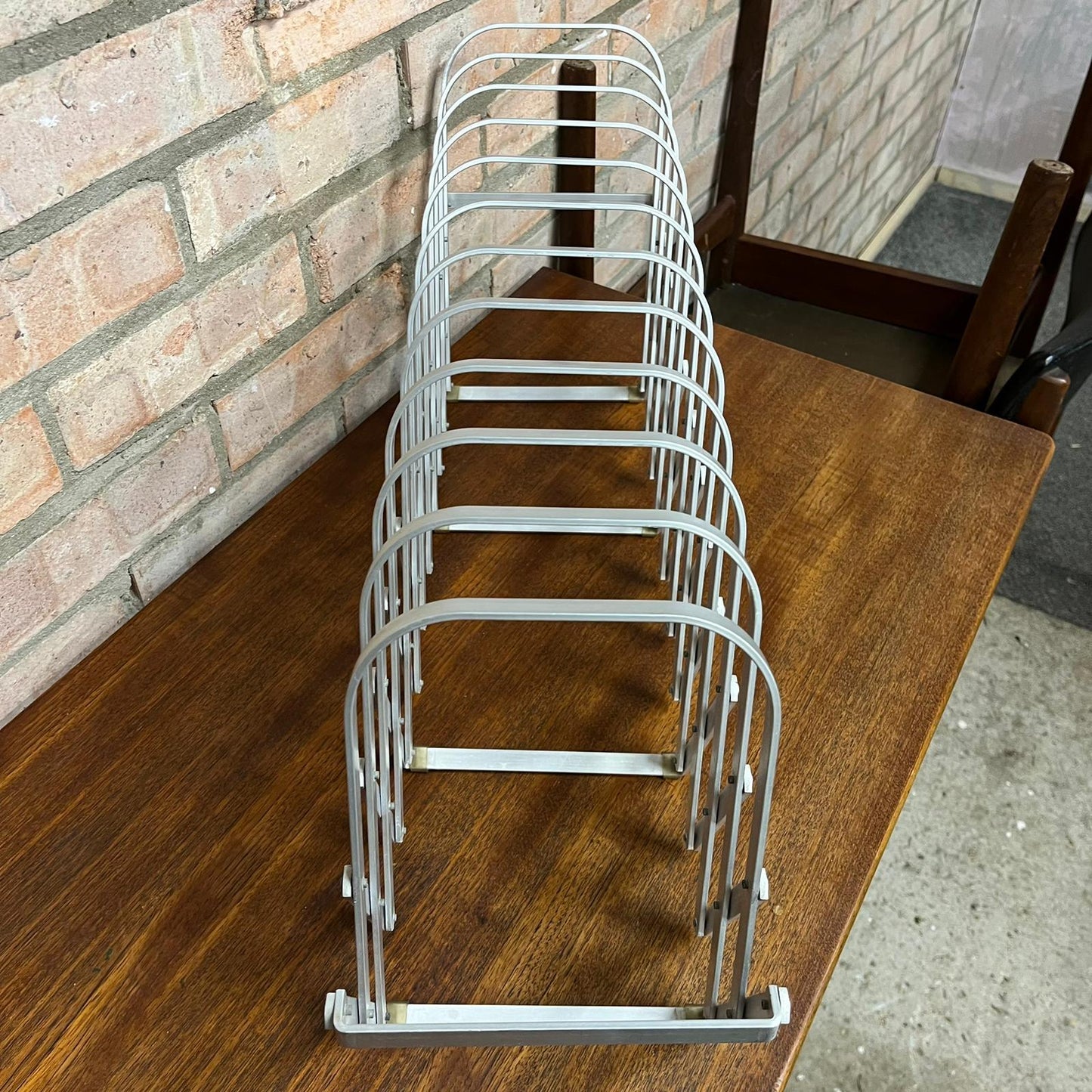 Rare Mid Century Aluminium Concertina Extendable Magazine Rack Book Holder 1960s