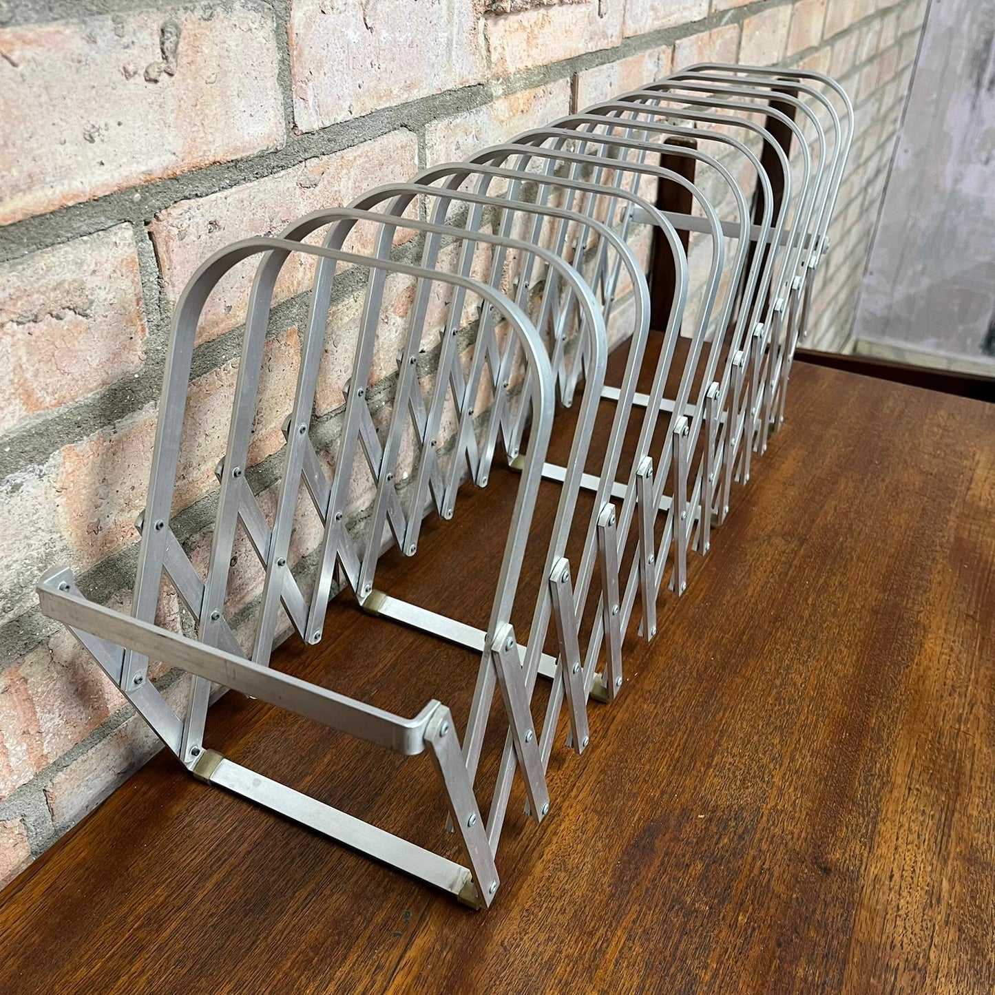 Rare Mid Century Aluminium Concertina Extendable Magazine Rack Book Holder 1960s