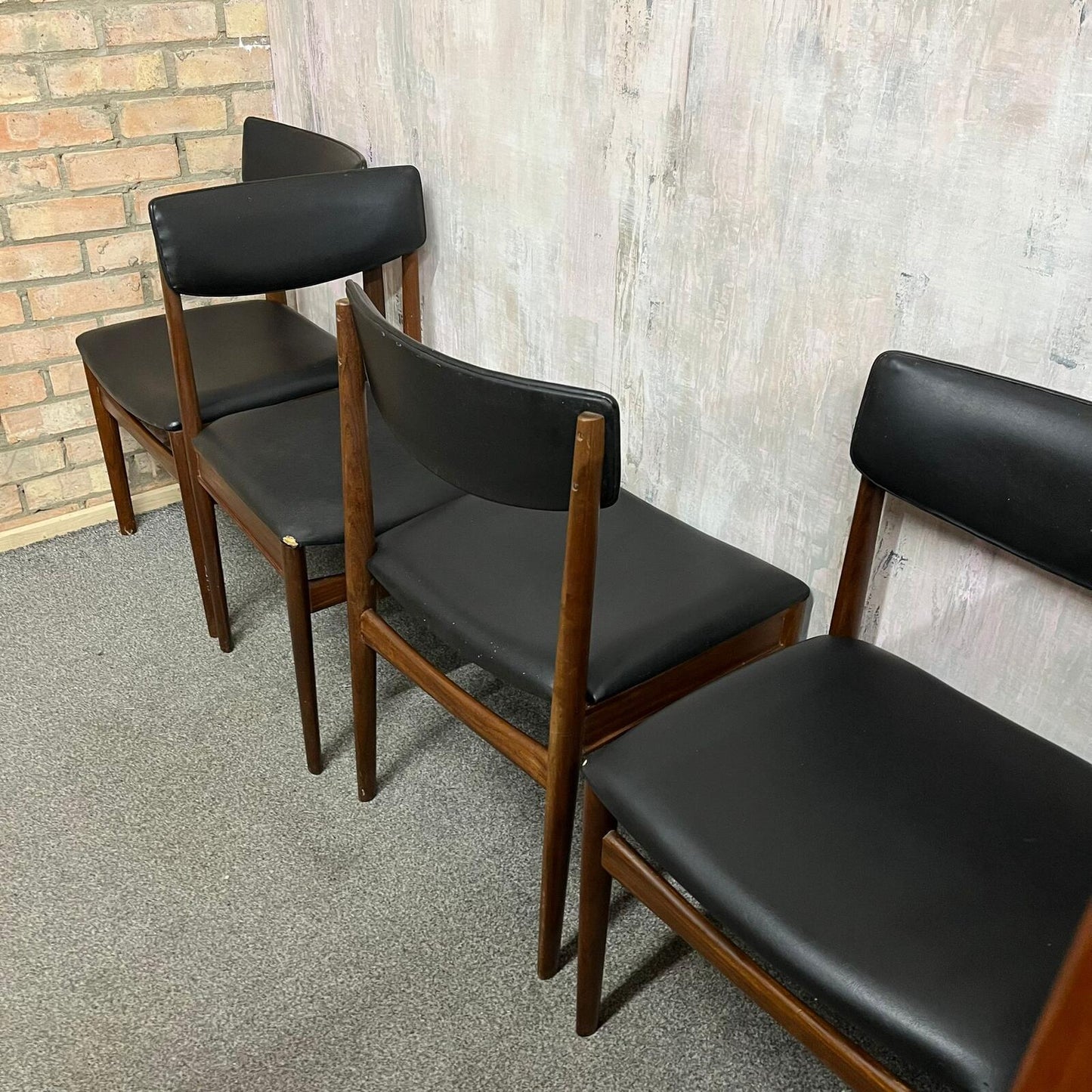 4x Danish Mid Century 1960s Dining Chairs Teak Upholstered Faux Leather