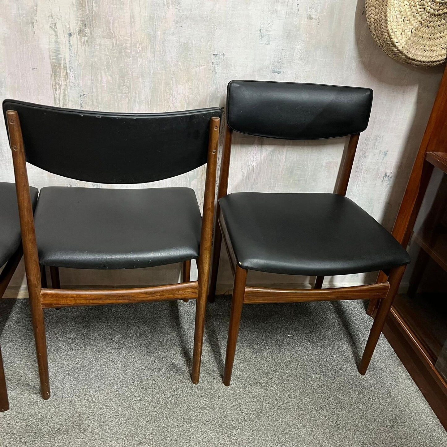 4x Danish Mid Century 1960s Dining Chairs Teak Upholstered Faux Leather