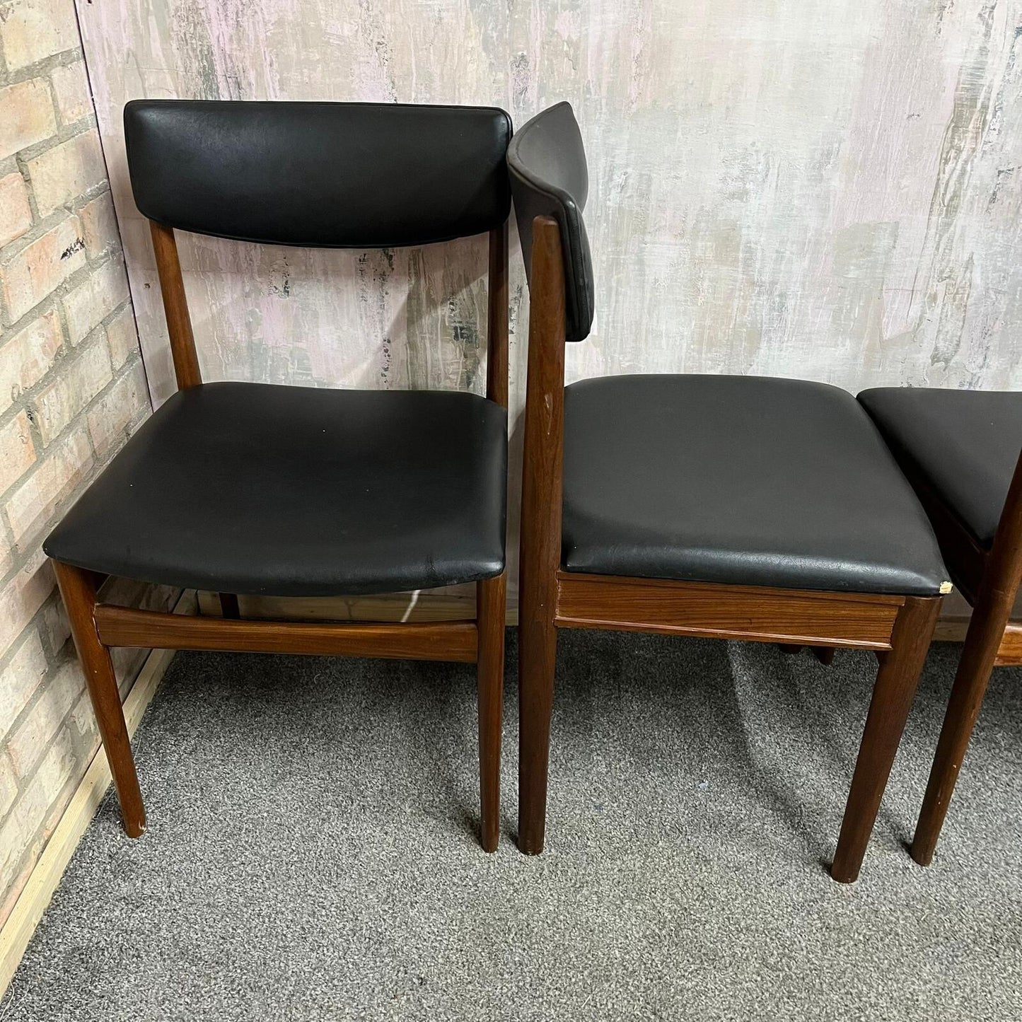 4x Danish Mid Century 1960s Dining Chairs Teak Upholstered Faux Leather